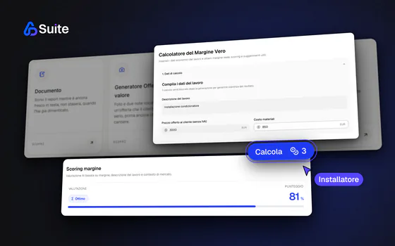 La calculadora de margen de ADSuite en primer plano, con el botón Calcola y la puntuación del trabajo.
