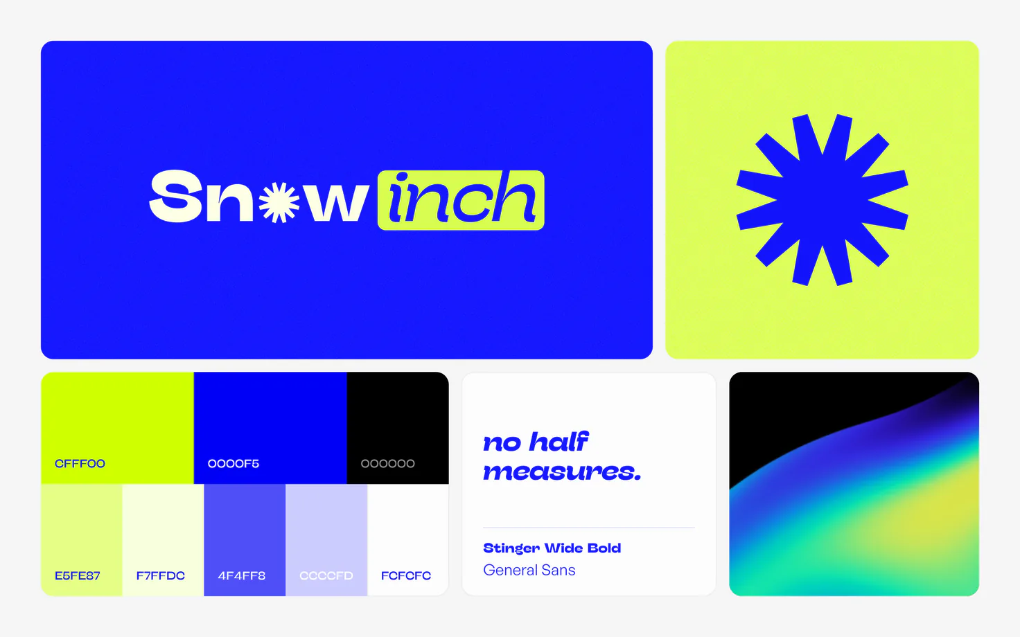 La primera versión de la marca Snowinch, dibujada por Giulio Pattaro: logo, símbolo, aurora y pósters