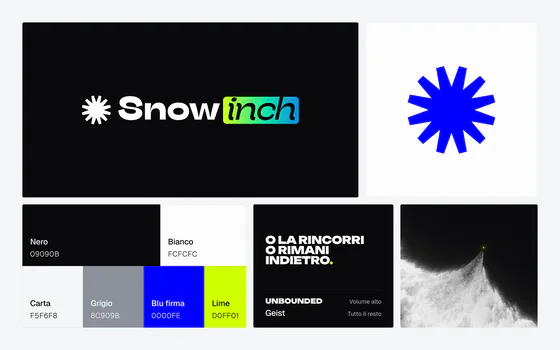 La brandsheet final de Snowinch: el logo con inch en aurora, el símbolo azul, los colores, el manifiesto en Unbounded y la avalancha que nace de un grano.