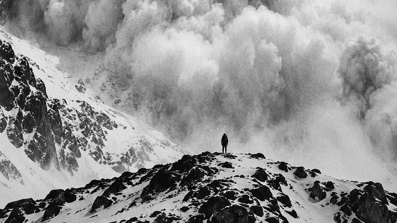 Una persona diminuta de pie en una cresta, frente a una avalancha enorme que se le viene encima. Foto en blanco y negro.